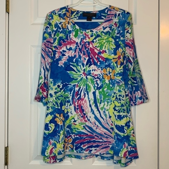 Pings Imports Pleats Collection Tops - Pleats Collections by Pings Imports Floral Print Tunic 3/4 Sleeves Womens Size M